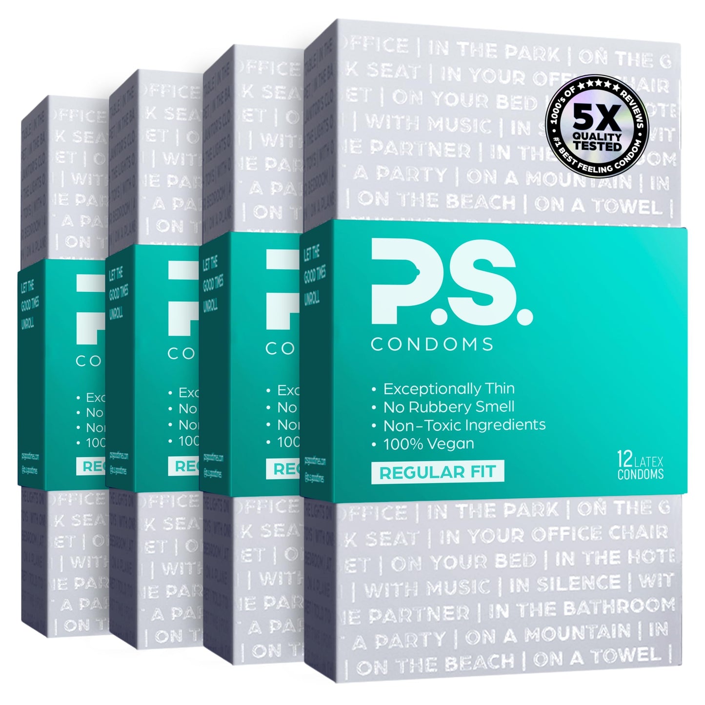 PS Condoms Exceptionally Thin Latex Condoms, Clean & Odorless, 12 Pack | Individually tested, 0.045 mm natural rubber, 40% thinner, lubricated, vegan, and free of PFAS, gluten, glycerin and parabens