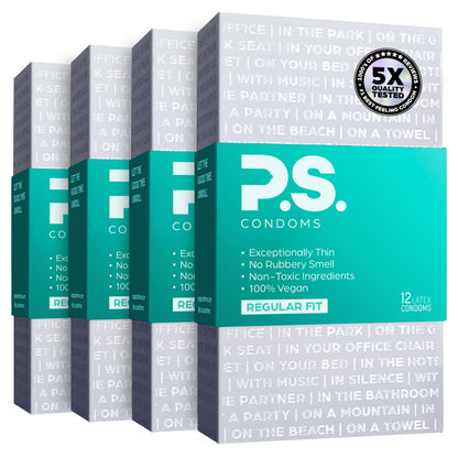 PS Condoms Exceptionally Thin Latex Condoms, Clean & Odorless, 12 Pack | Individually tested, 0.045 mm natural rubber, 40% thinner, lubricated, vegan, and free of PFAS, gluten, glycerin and parabens