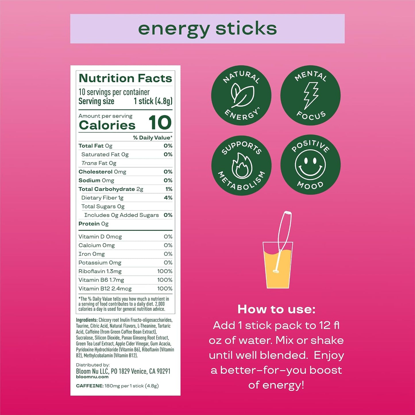 Bloom Nutrition Energy Drink Powder Packets, Strawberry Watermelon, 10 Ct | Sugar Free Drink Mix with L-Theanine, B Vitamins & Natural Caffeine, On the Go Powder Sticks for Natural Energy, 10 Calories