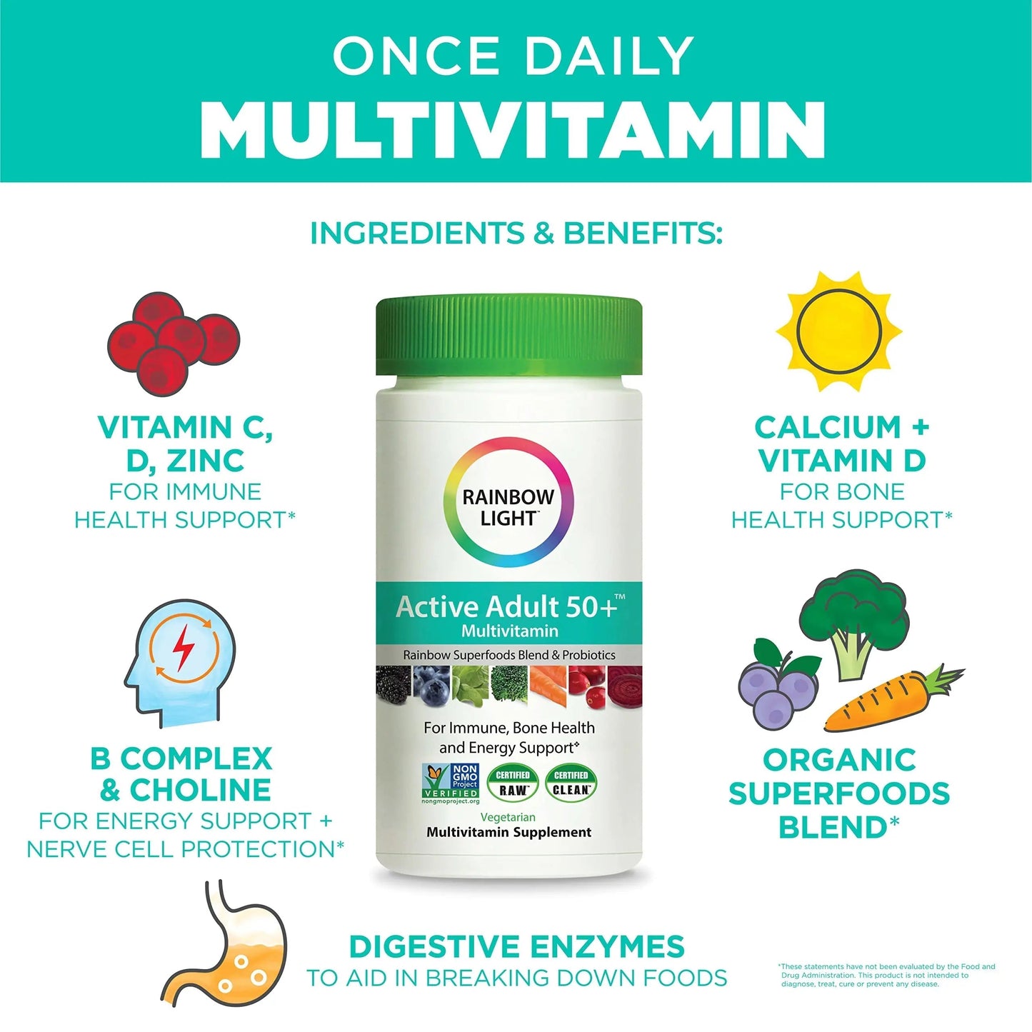 Rainbow Light Adult Multivitamin, Vitamins C & Zinc, B Complex & Choline, Calcium & Vitamin D Supports Bone Health Rainbow Light