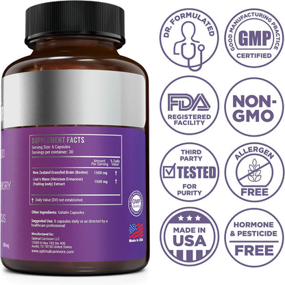 Optimal Carnivore Lions Mane Mushroom Supplement & Beef Brain, Powerful Nootropics Brain Support Supplement, Brain Supplements for Memory and Focus, 180 Capsules