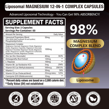 21 in 1 Liposomal 1400mg Magnesium Complex (Citrate, Glycinate, Malate etc) Capsule - 12 Active Types Magnesium with Vitamin D3, B6, B12, C, Ashwagandha & CoQ10 for Women & Men