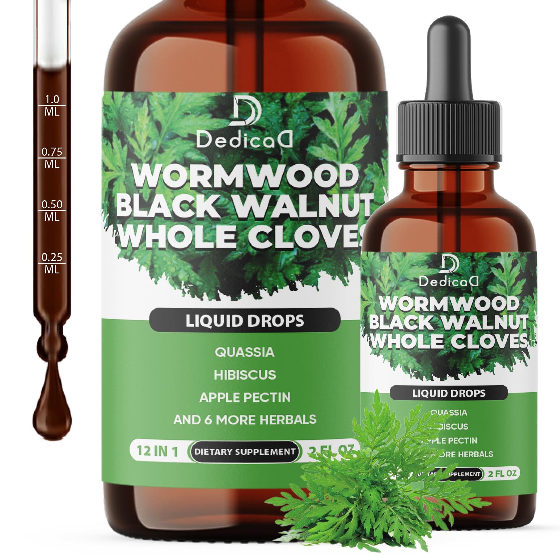 Two bottles of Dedica Wormwood Black Walnut Whole Clove liquid drops with dropper on a white background.