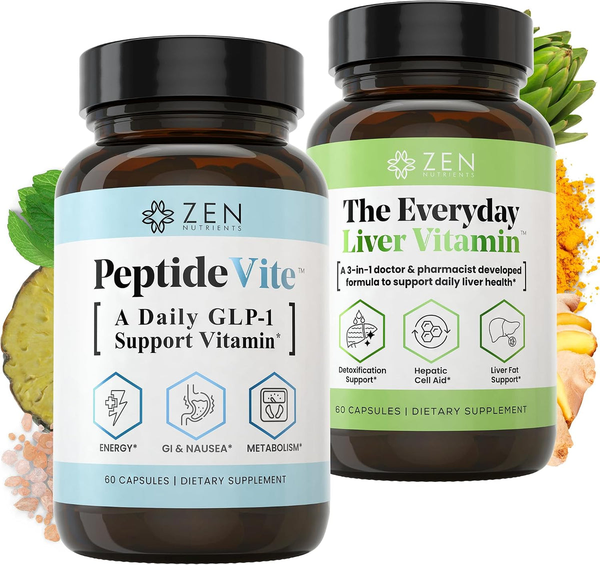 Zen Nutrients Everyday Peptide & Liver Metabolism Support Bundle - PeptideVite GLP-1 Support Vitamin for Naseau Relief & The Everyday Liver Vitamin Liver Cleanse Detox & Repair for Fatty Liver Support