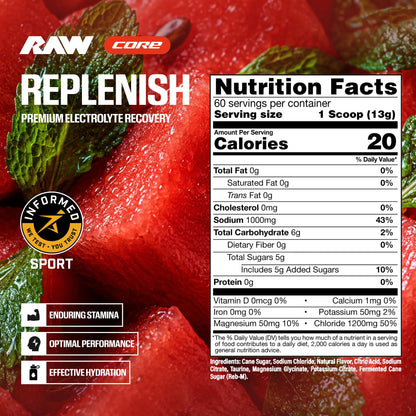 RAW Replenish, Premium Electrolytes Powder Recovery Formula, Lemon Lime (60 Servings) - Flavored Electrolyte Drink Mix Supplement for Hydration, Replenishment, Endurance & Performance Workouts