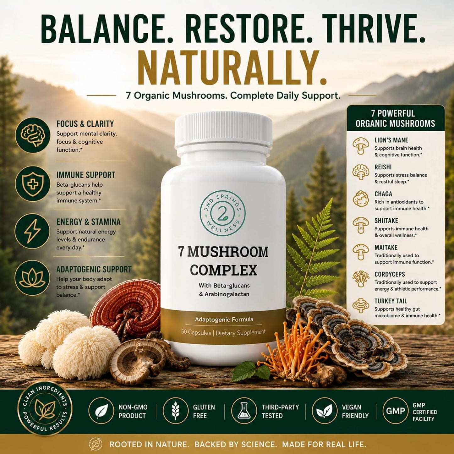 7 Organic Mushroom Complex - 7 Mushroom Supplement | Immune Support Nootropic & Adaptogenic, Lion's Mane, Chaga, Maitake, Shiitake, Reishi, Turkey Tails, Cordyceps, Capsules