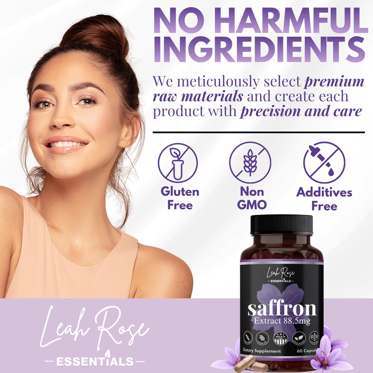 Leah Rose Essentials Saffron Supplement 88.5mg | Mood, Focus, and Stress Support | 60 Premium Saffron Extract Capsules | Made in the USA | 3rd Party Lab Tested | Non-GMO, Vegan, Gluten-Free