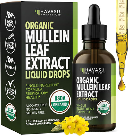 Mullein Drops for Lungs, USDA Organic Mullein Leaf Extract, 2 Fl Oz | Respiratory Health and Lung Support Supplement, 2 Fl Oz, Vegan, Non-GMO, and Alcohol Free, Herbal Tincture, 60 Servings