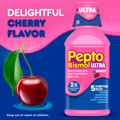 Pepto Bismol ULTRA Liquid for Nausea, Heartburn, Indigestion, Upset Stomach, and Diarrhea - 5 Symptom Fast Relief Medication for Adults, Cherry Flavor, 2x16 oz Pepto Bismol buy supplements Au
