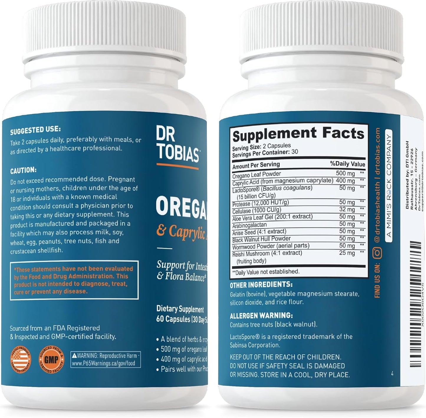 Dr. Tobias Oregano & Caprylic Acid Blend 60 Capsules | Oregano Capsules | Gut Flora Balance Complex & Intestinal Support | Oregano + Caprylic Acid | Probiotics + Enzymes | 30 Servings