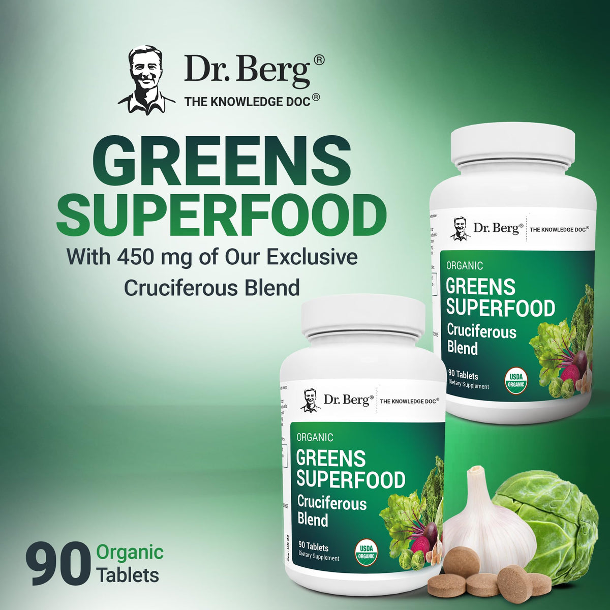 Dr. Berg's Greens Superfood Cruciferous Vegetable Tablets - Vegetable Supplements for Adults w/ 11 Phytonutrient Super Greens - Energy, Immune System & Liver Veggie Tablets - 90 Tablet
