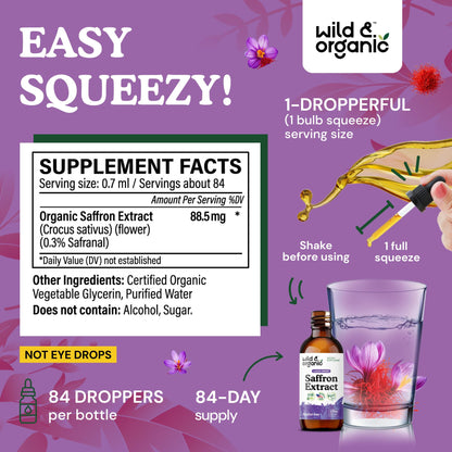Wild & Organic Saffron Supplements 88.5 mg - Mood, Brain & Vision Support - Liquid Saffron Drops - Add to Tea - Crocus Sativus Herb Extract - Vegan, Sugar & Alcohol-Free Tincture - 2 fl oz