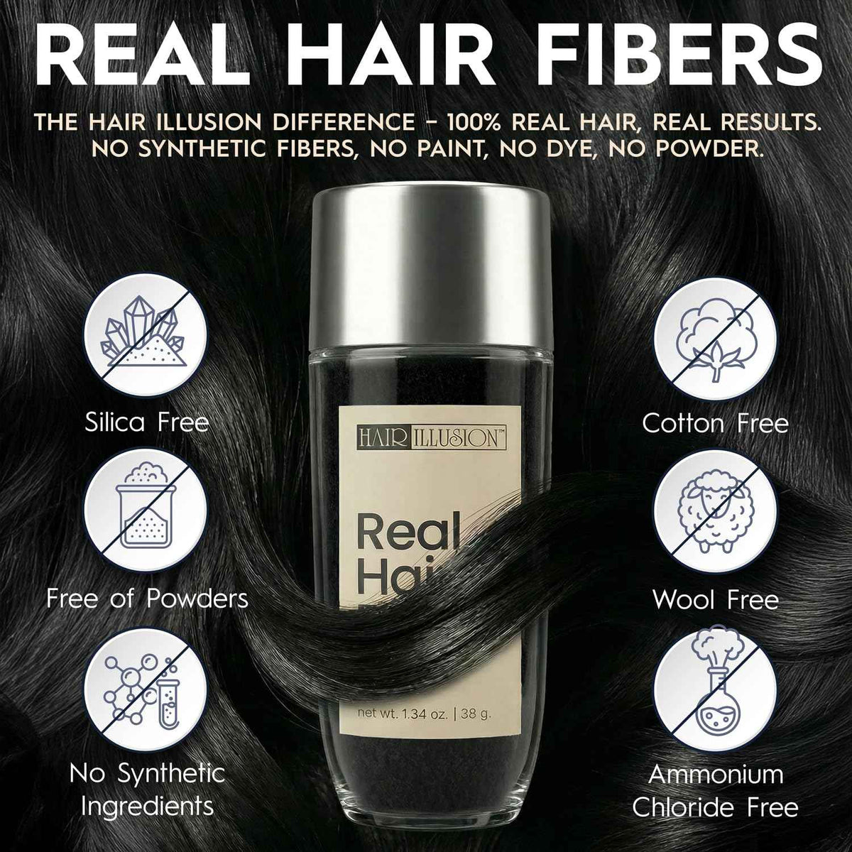 Hair Illusion Black Real Hair Fibers for Thinning Hair - 100% Natural Texture, Non Synthetic Hair Fibers - Bald Spot Cover Up for Women & Men - 38 Gram