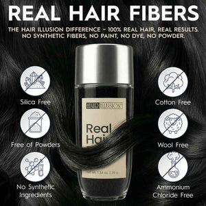 Hair Illusion Black Real Hair Fibers for Thinning Hair - 100% Natural Texture, Non Synthetic Hair Fibers - Bald Spot Cover Up for Women & Men - 38 Gram