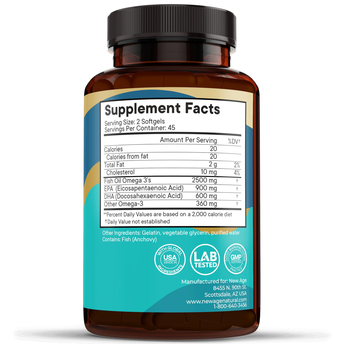 NEW AGE Omega 3 Fish Oil 2500mg Supplement Non GMO - EPA, DHA Fatty Acids Gluten Free (180 Softgels (Pack of 2)) NEW AGE buy supplements Au