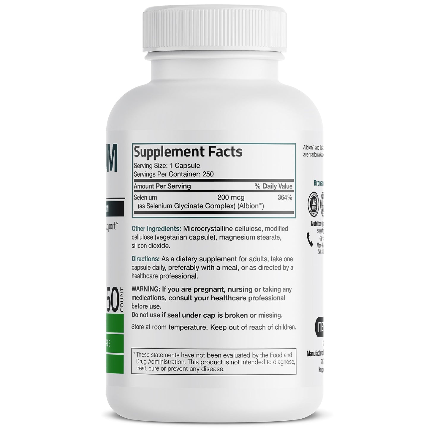 Bronson Selenium 200 mcg – Yeast Free Chelated Amino Acid Complex - Essential Trace Mineral with Superior Absorption, 250 Vegetarian Capsules