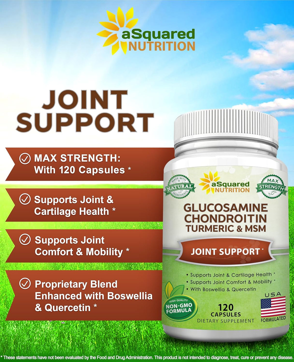 aSquared Nutrition Glucosamine Chondroitin Turmeric MSM Boswellia - 120 Capsules - Joint Support Supplement - Joint Support Relief Pills for Health - Natural Supplement for Back, Knee & Hands