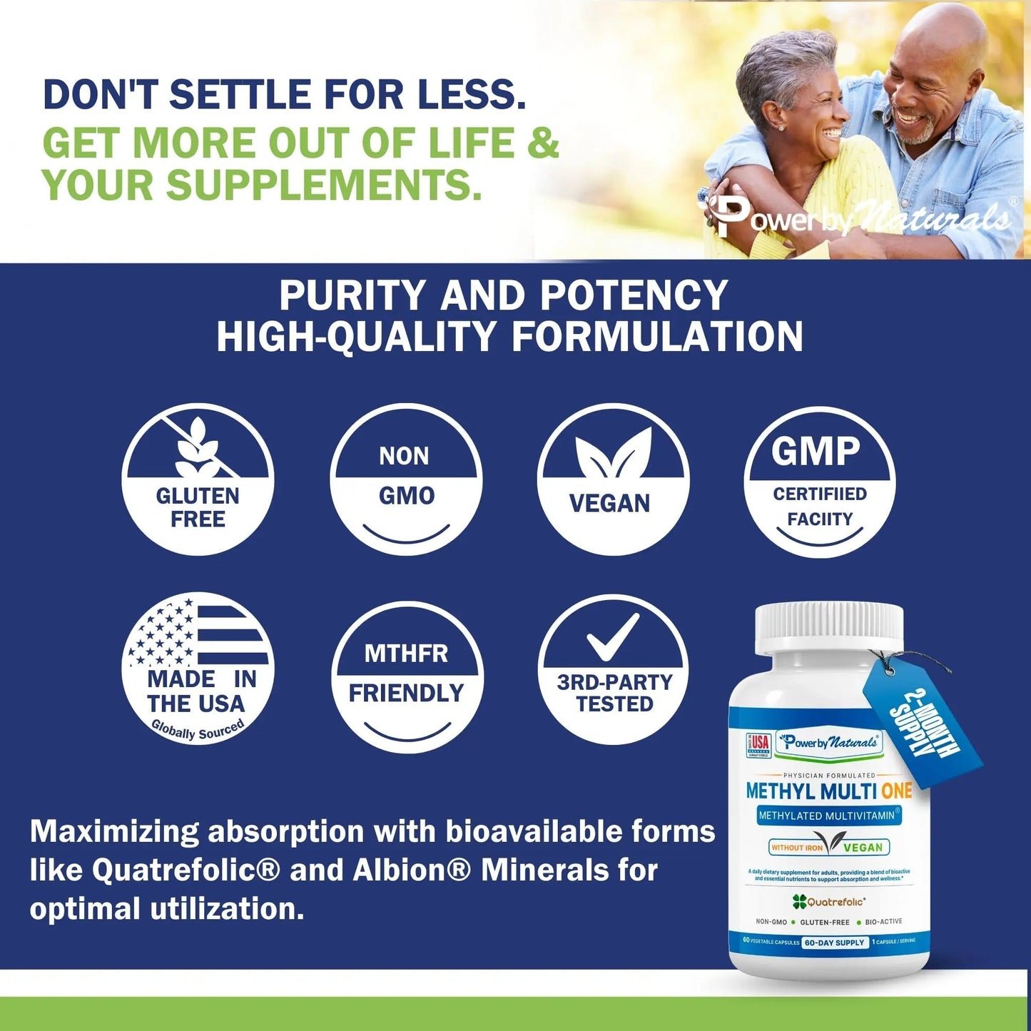Power By Naturals Methyl Multi One - Iron-Free Methylated Multivitamin with Quatrefolic 5-MTHF, Active B12, P5P, CoQ10 & Zinc for MTHFR Support Power By Naturals