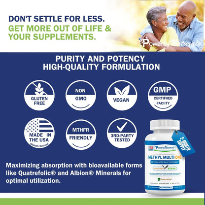 Power By Naturals Methyl Multi One - Iron-Free Methylated Multivitamin with Quatrefolic 5-MTHF, Active B12, P5P, CoQ10 & Zinc for MTHFR Support Power By Naturals