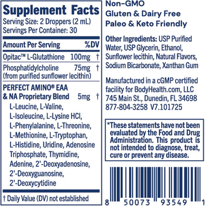 BodyHealth Liposomal L-Glutathione 100 mg – Lemon Mint Flavor | Supports Detox, Liver & Immune Health | Vegan, Non-GMO, Gluten-Free - 2 FL OZ (60 mL)