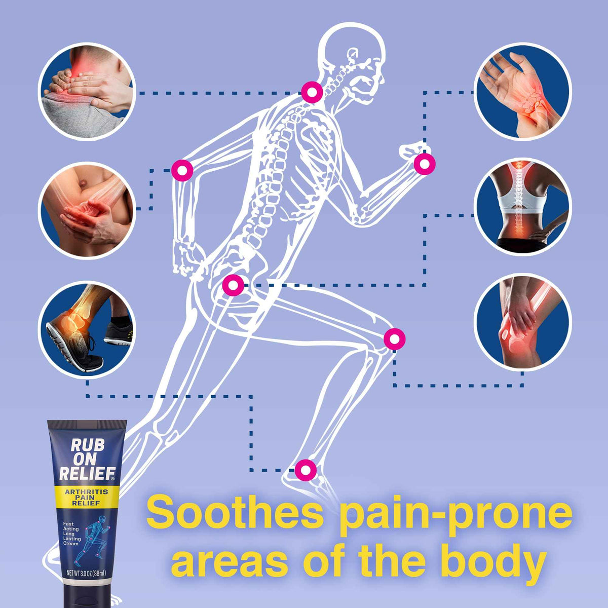 RUB ON RELIEF Arthritis Pain Relief Cream – 10-in-1 Non-Greasy Joints Pain Cream for Knees, Back, Neck, Hands, & Muscle Aches with Menthol, Camphor, Arnica, MSM & Turmeric Up to 8 Hours, 3oz (1 Pack)