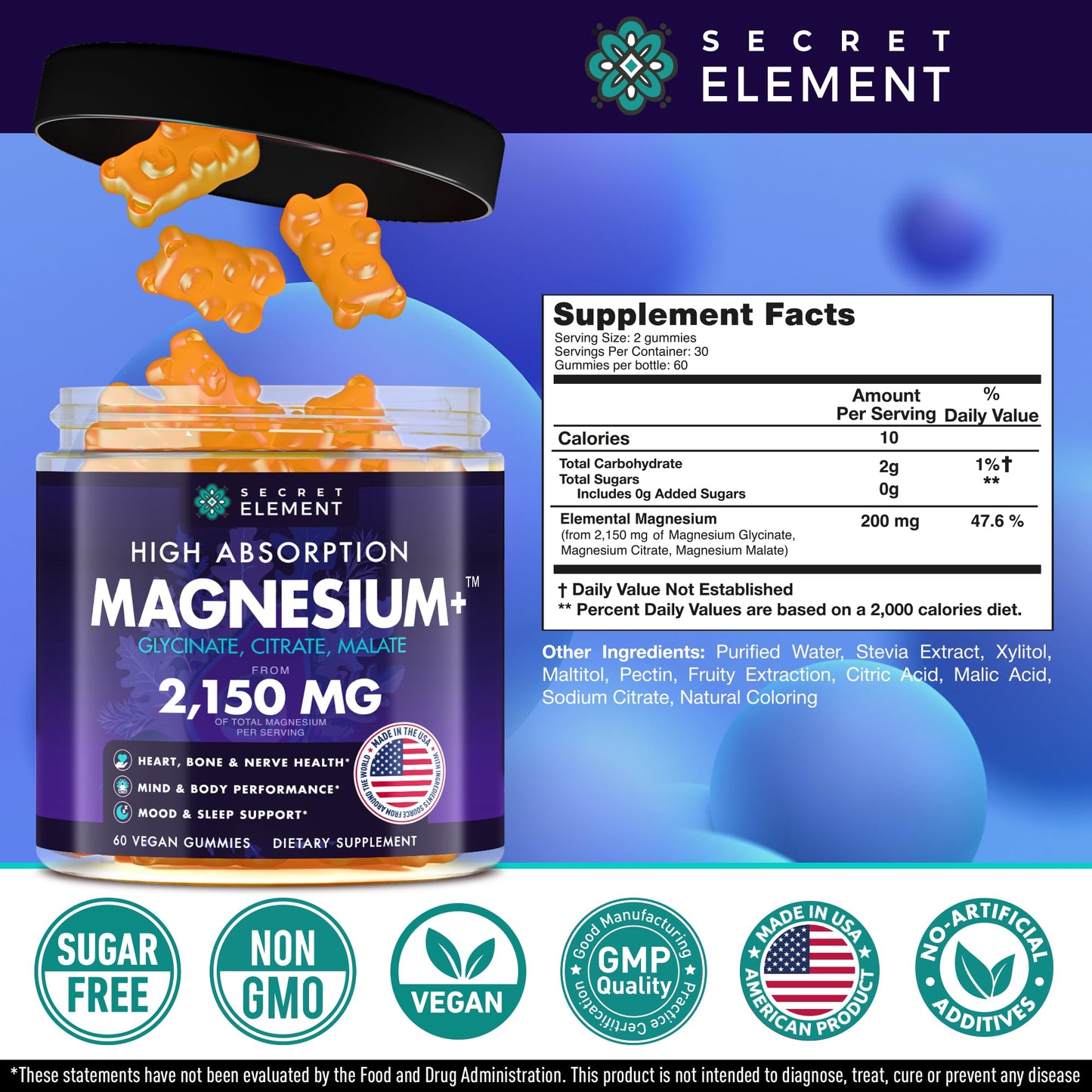 Secret Element Magnesium Glycinate 2150MG Gummies for Women and Men, High Absorption Magnesium Glycinate, Citrate, Malate Gummies for Adults & Kids, Sleep Support