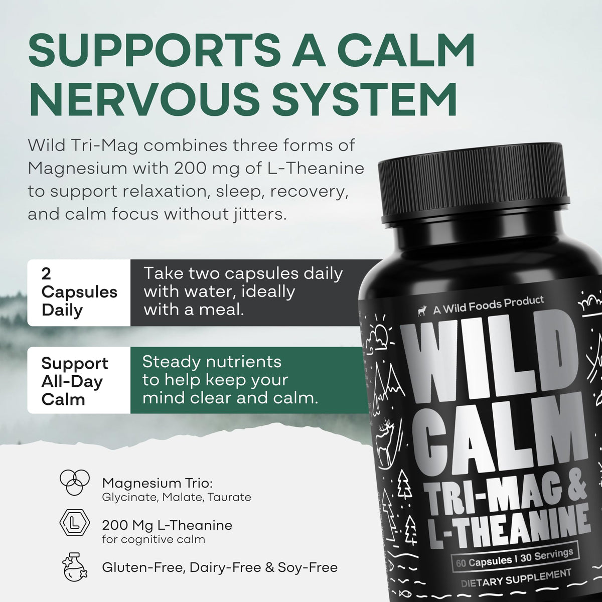 Wild Foods Magnesium Complex Supplement with 7X Forms, 90 Capsules | High Absorption, Full Spectrum, Easy Digestion | 500mg Glycinate, Bisglycinate, Malate, Orotate, Citrate, Taurate