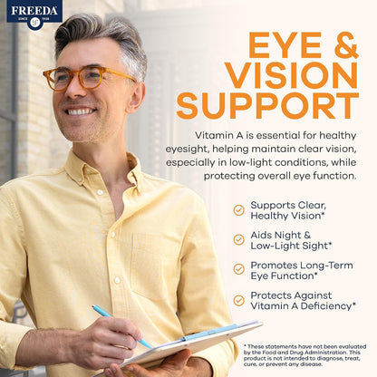 FREEDA Vitamin A 15,000 IU – Retinyl Palmitate – Vegan, Kosher, No Fish – Eye, Vision, Immune & Skin Support – Tiny Easy-to-Swallow Tablets – VIT A Vitamina A Supplement – 250 Tablets | Supports Healthy Vision, Skin, and Immune Function – Highly Absorbabl