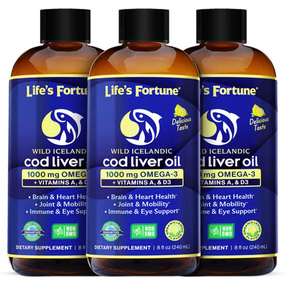 Life's Fortune Cod Liver Oil Liquid Lemon Flavor Organic Supplement with DHA, EPA 1000 mg High Potency Omega-3s + Vitamin A, E & D3 - Supports Immune, Joints, Eyes, 16 Fl Oz (Pack of 1)