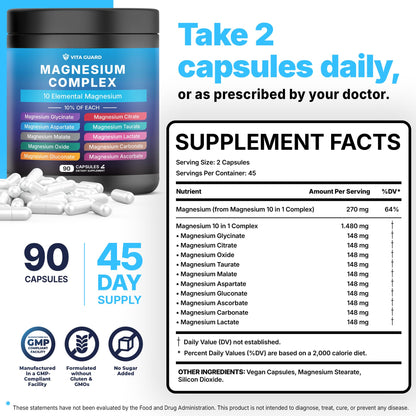 Vita Guard Magnesium Complex 1480mg – 10-in-1 with Glycinate, Citrate, Malate & More – High Absorption – Sleep, Muscle, Nerve & Heart Support – 90 Vegan Capsules – Non-GMO, Gluten-Free, No Sugar Vita Guard buy supplements Au