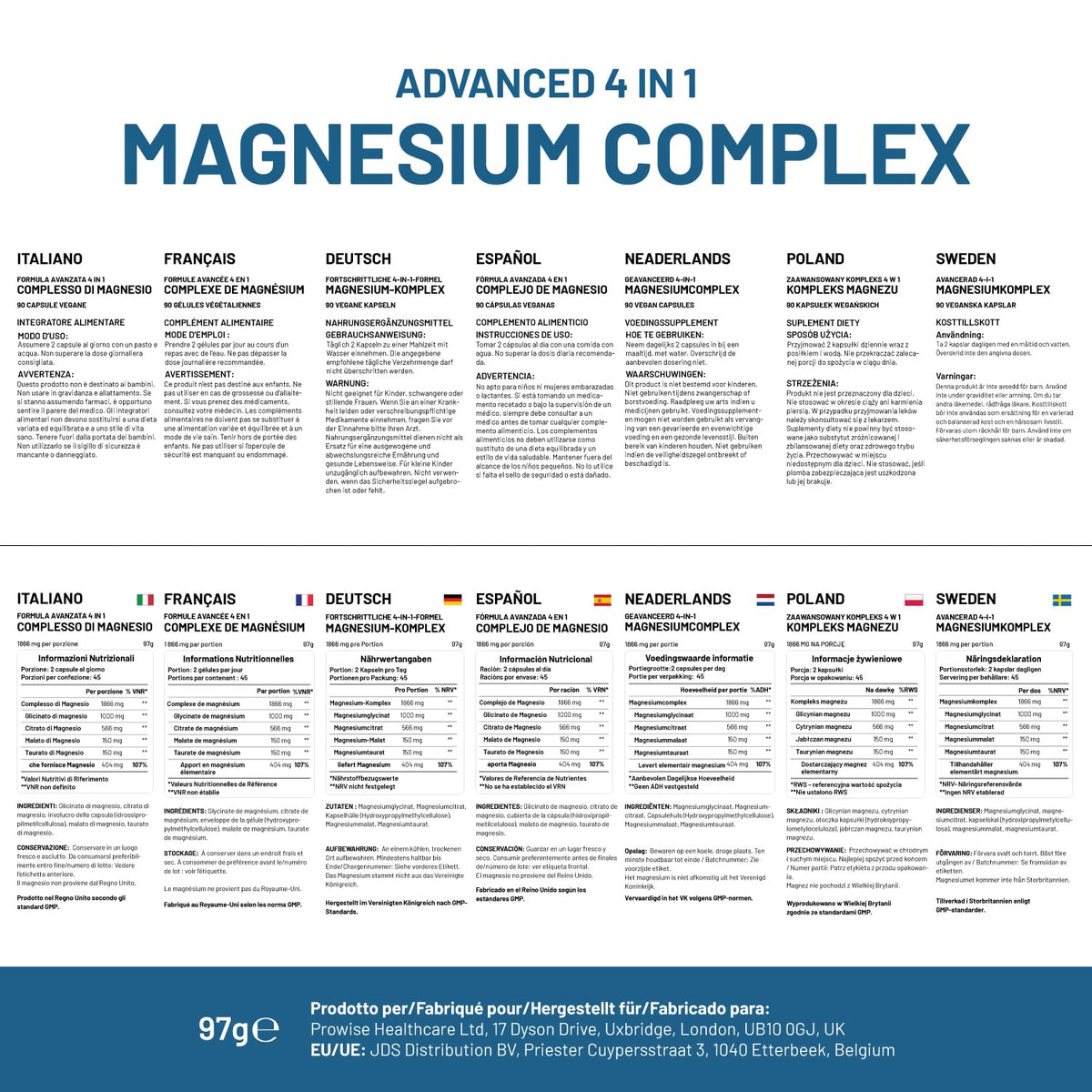 Magnesium Glycinate Complex 4 in 1-1866mg per Serving | Precise 404mg Elemental Magnesium dose | Added Magnesium Glycinate, Citrate, Malate & Taurate | 90 Vegan Capsules - by Prowise PH PROWISE Healthcare buy supplements Au