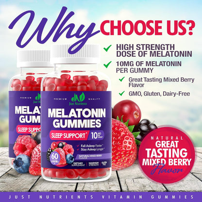 Melatonin 10mg Gummies with 10mg of Melatonin Per Gummy (60 Servings) | Maximum Strength Sleep Support for Adults - Gluten-Free, Vegetarian, Great Tasting Mixed Berry Flavor - 60 Servings