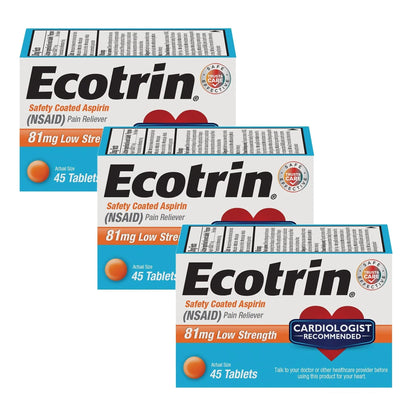 Ecotrin Safety Coated Aspirin Pain Reliever Tablets, Low Strength, NSAID 81mg, 45 ct (Pack of 3) EcotrinBuy Supplements Australia