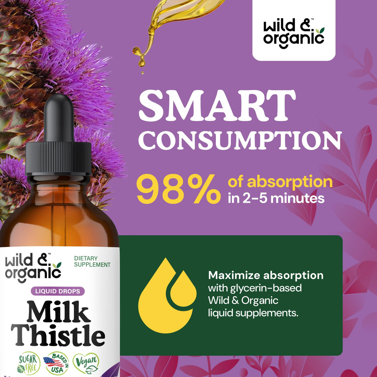 Wild & Organic Milk Thistle Liquid Drops - Liver Cleanse Detox - Silymarin Milk Thistle Supplement for Liver Support - Add to Tea - Silybum Marianum Seed Extract Tincture - Sugar & Alcohol-Free - 4 oz