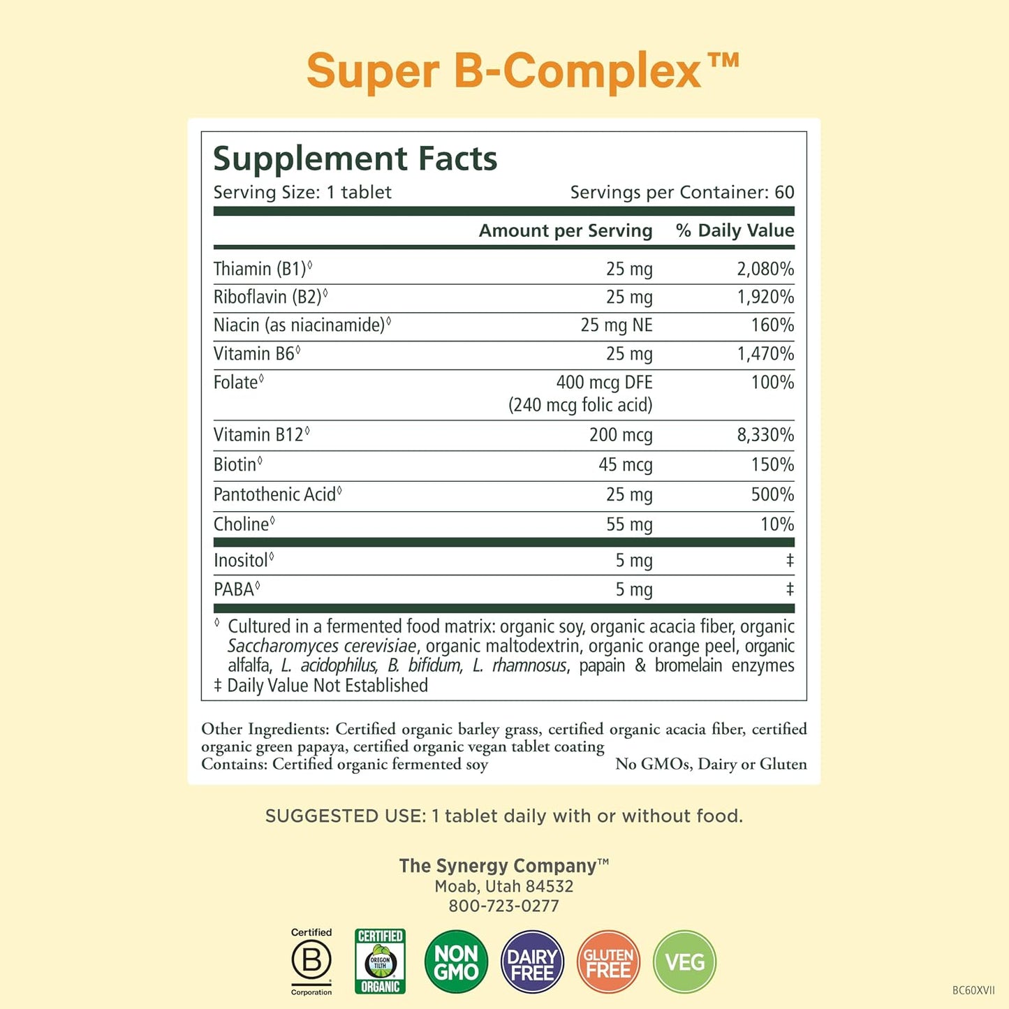 PURE SYNERGY Super B-Complex | Vitamin B Complex Made with Organic Whole Foods | Vegan Supplement with Natural Vitamin B12, Niacin, and Folate | for Energy, Focus and Mood Support (60 Tablets)
