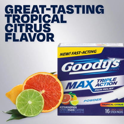 Goody’s Max Triple Action Pain Relief – Headache Relief Powder with Acetaminophen, Aspirin & Caffeine for Fast, Effective Relief of Tough Headaches, Tropical Citrus, 16 Count Goody'sBuy Supplements Australia