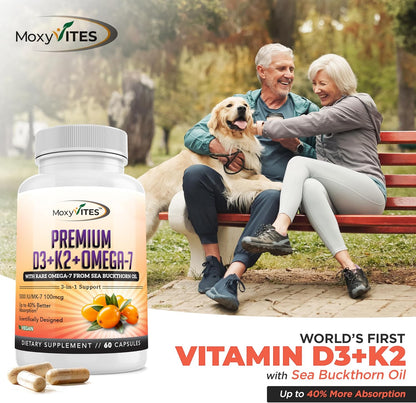 MoxyVites Vitamin D3 K2 5000 IU – High Absorption D3 + K2 MK-7 with Sea Buckthorn Oil & Omega-7 – Bone, Heart & Immune Support for Women & Men – 60 Vegan Capsules
