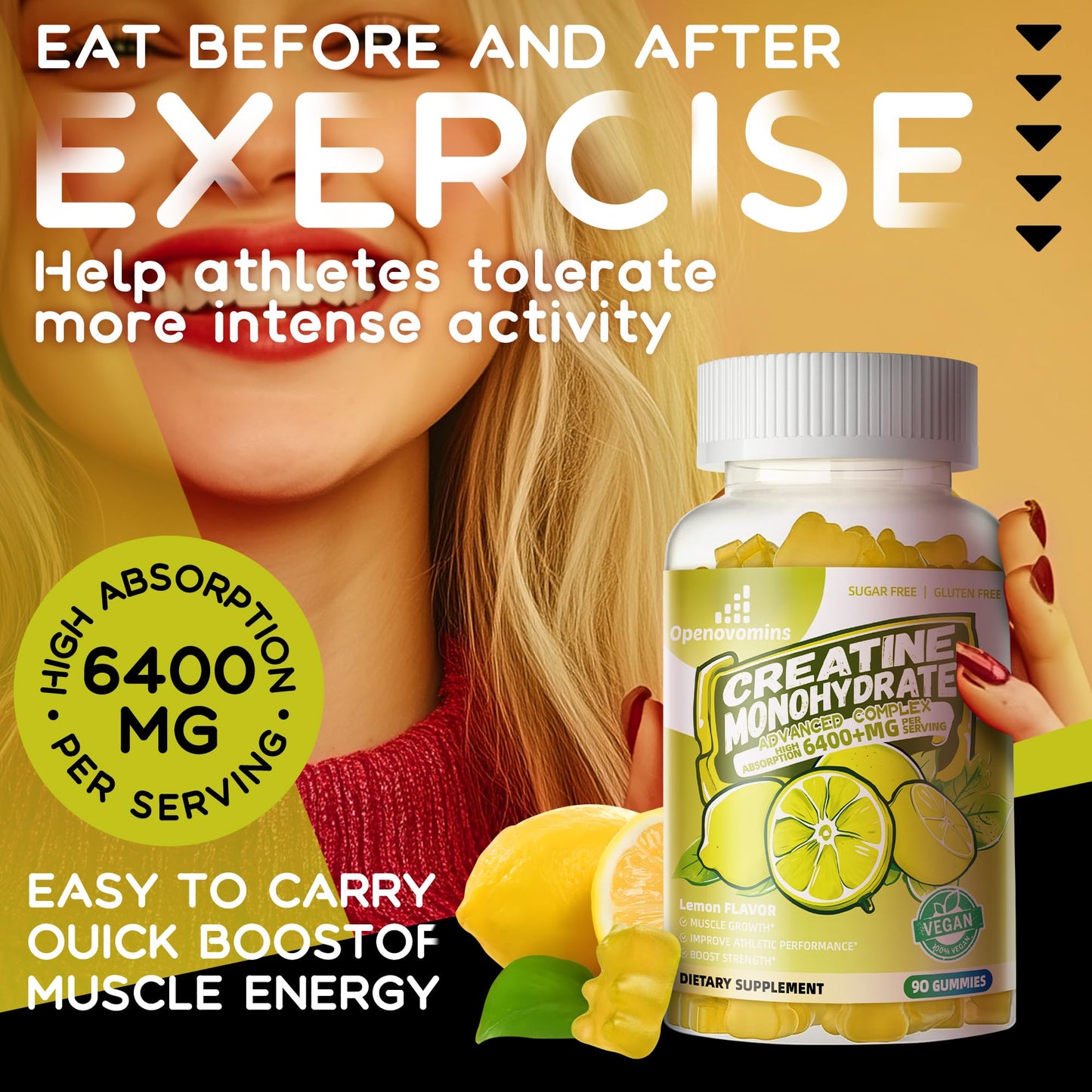 Creatine Monohydrate Gummies Complex for Men & Women -Advanced Formula W/L-Taurine + Vitamin B12, Sugar Free Chewable Supplement,90 Lemon Gummies Openovomins buy supplements Au