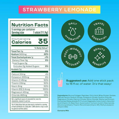 Bloom Nutrition Hydration Electrolyte Sticks, Strawberry Lemonade, 5 Count | Electrolytes with Collagen, 5g Protein, Vitamins & Minerals, Sugar Free Drink Mix