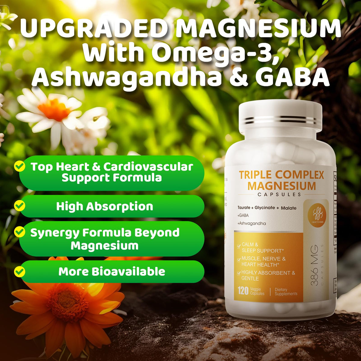 Triple Magnesium Complex - Magnesium Glycinate, Taurate & Malate Supplement with Omega3, Ashwagandha, GABA for Sleep, Brain Heart & Muscle Support - High Absorption and Gentle, Vegan, 120 Capsules iMATCHME buy supplements Au