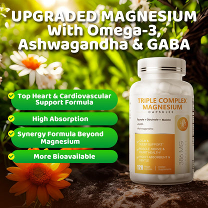 Triple Magnesium Complex - Magnesium Glycinate, Taurate & Malate Supplement with Omega3, Ashwagandha, GABA for Sleep, Brain Heart & Muscle Support - High Absorption and Gentle, Vegan, 120 Capsules iMATCHME buy supplements Au
