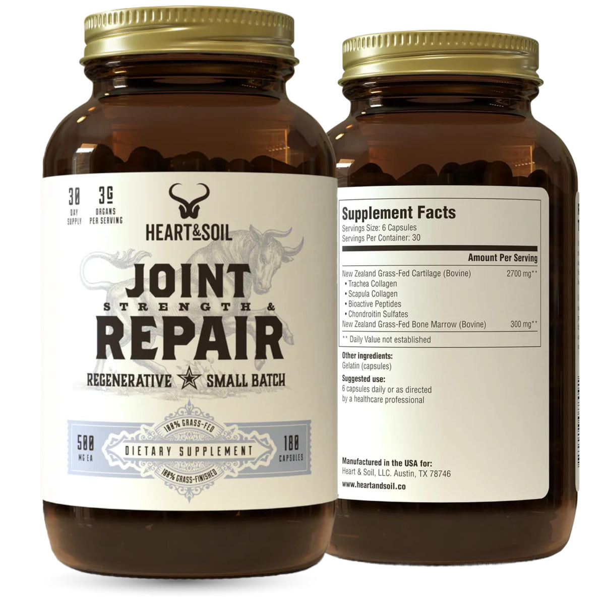 Heart & Soil 100% Grass Fed & Finished Joint Support Supplement from Regenerative Cattle with Trachea, Scapula & Bone Marrow – Supports Joint Strength & Mobility – 3000mg – Glass Bottle – 180 Capsules HEART & SOILBuy Supplements Australia