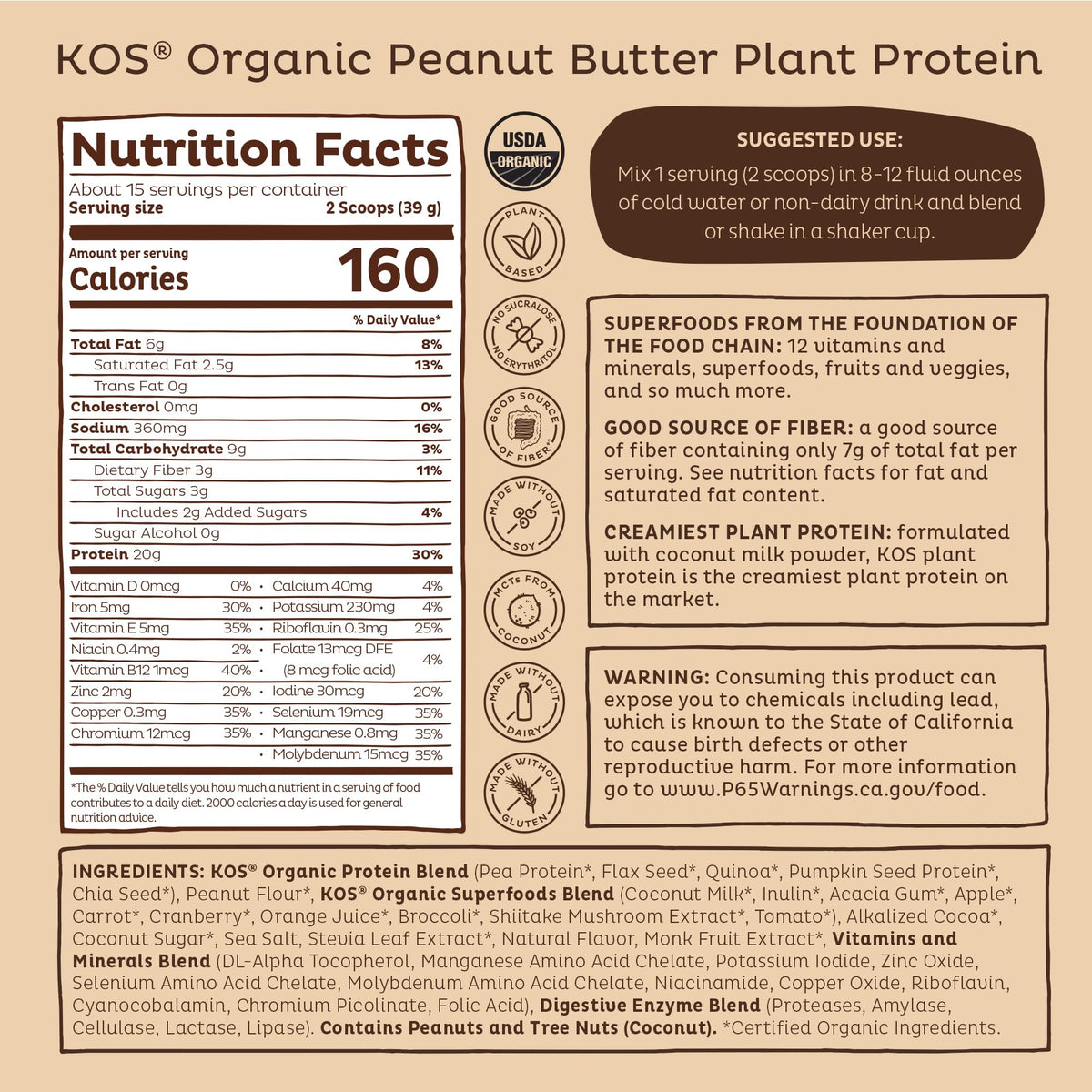 KOS Organic Plant Based Protein Powder, Chocolate Peanut Butter - Delicious Vegan Protein Powder - Keto Friendly, Gluten Free, Dairy Free & Soy Free - 15 Servings KOS buy supplements Au