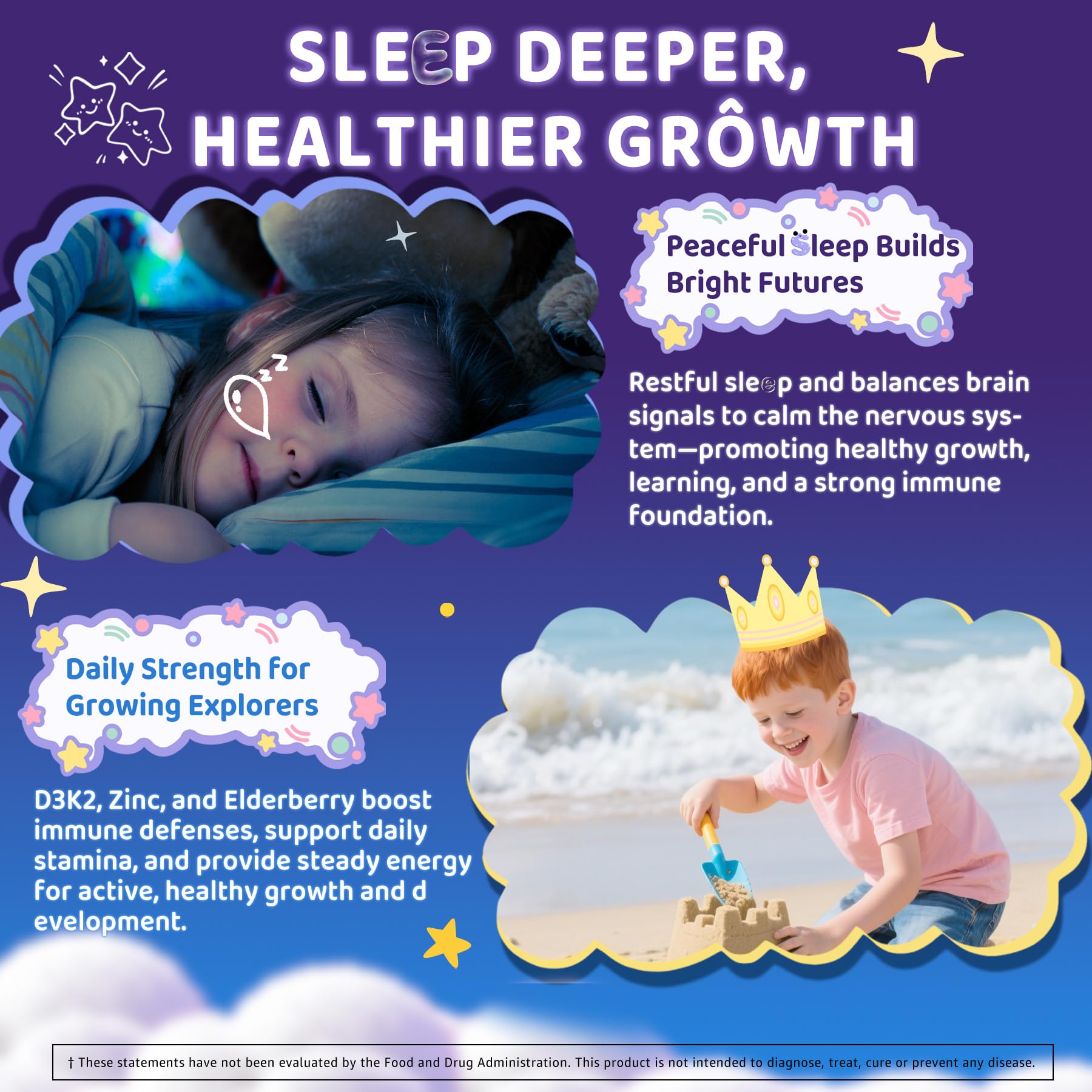 Kids Sleep Gummies, NO Melatonin Sleep Aid Gummies w/ Magnesium Glycinate, Magnesium Malate, L-Theanine, Lavender, B6, Zinc, D3K2 for Restful Sleep, Relax Brain & Muscle, Immune Support, Non-GMO 1Pack ELLAMENTZBuy Supplements Australia