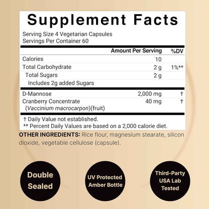 NatureBell D-Mannose 500mg Capsules (2,000mg Per Serving) | 240 Veggie Capsules + Cranberry Concentrate 40mg – Fast Acting Urinary Tract Health Pills – Ultra UTI Support for Women & Men