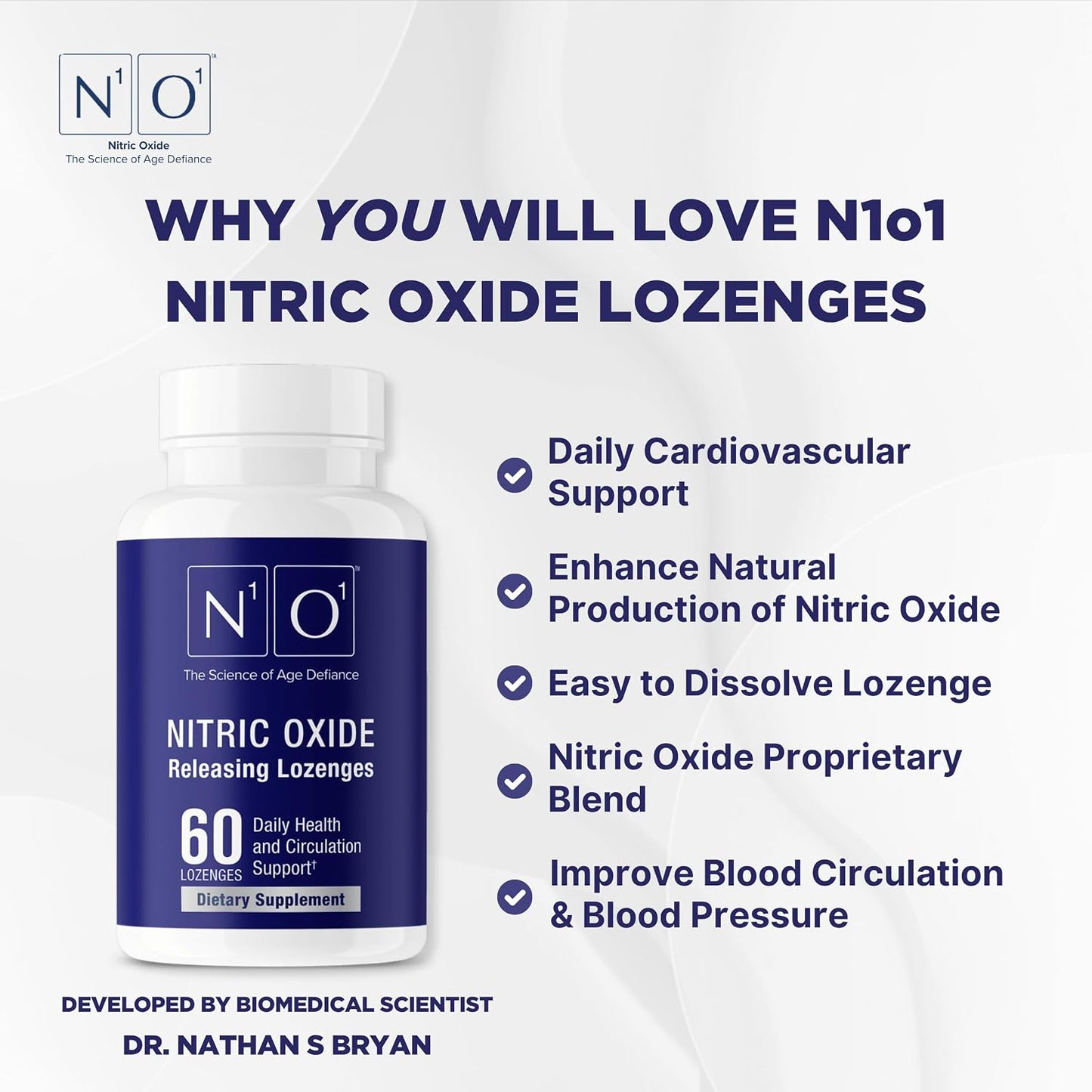 N1O1 Nitric Oxide Lozenges Supplement, 120 Count, 60-Day Supply | Developed by Dr. Nathan S. Bryan; Orange Flavor; Dissolvable Lozenges; Daily Nitric Oxide Support