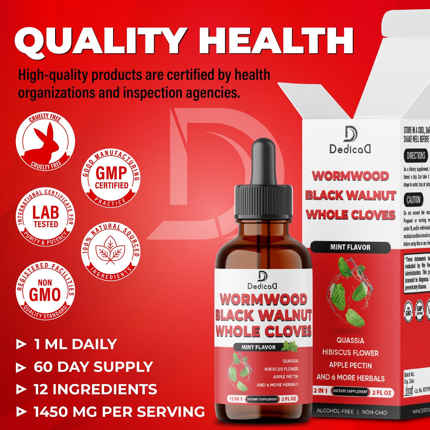 DEDICAD 12in1 Wormwood Liquid Drops Added Black Walnut, Whole Cloves and 9 More Herbs - 2 Fl Oz - 60 Days Supply - Mint Flavor DEDICAD buy supplements Au