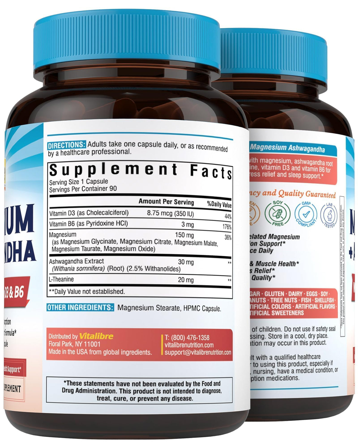 Vitalibre Magnesium Complex with Ashwagandha & L-Theanine - Stress Relief, Bone & Relaxation Support - w/Vitamin D3, B6 - Glycinate, Citrate, Malate, Taurate - 90 Vegan Capsules, Non-GMO, Gluten Free Vitalibre buy supplements Au