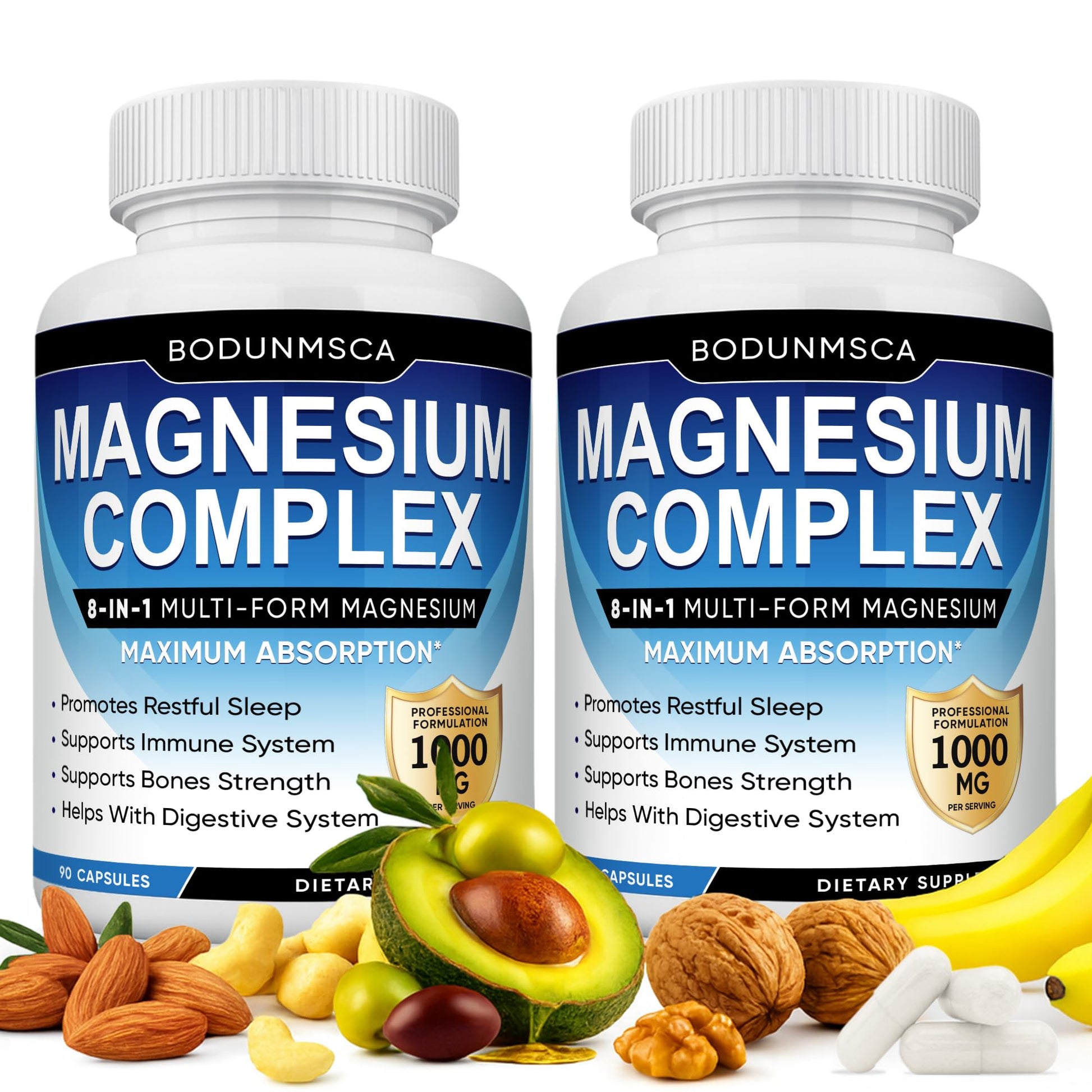 Two bottles of Bodunmsca Magnesium Complex with health benefits displayed.