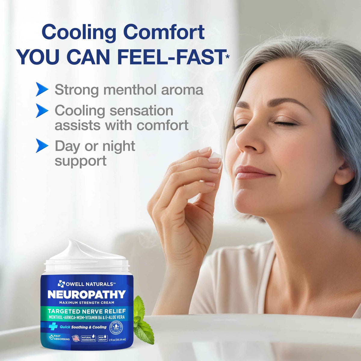 Owell Naturals Neuropathy Cream Extra Strength – Fast Absorbing Cooling for Leg, Feet & Hands – Advanced Soothing Formula with Aloe Vera, Arnica, MSM & Vitamin B6 – Made in USA, 2 fl oz